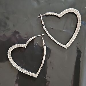 Silver Tone & Rhinestone Heart Shaped Hoop Earrings